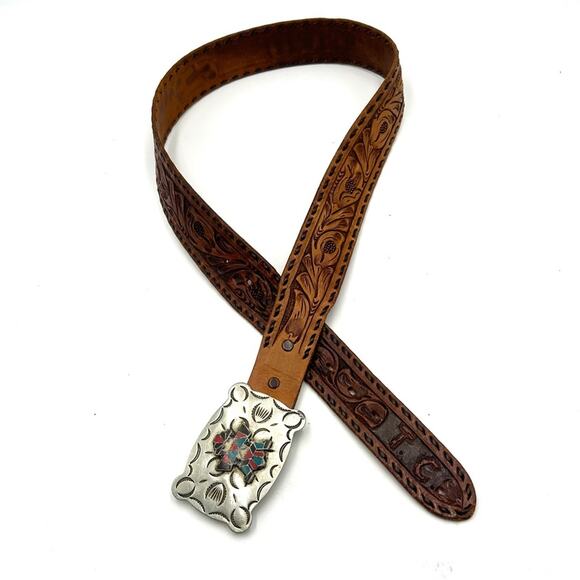 VTG -FRONTIER BUCKLE Native American vintage 70s Zuni Multi-Inlay Knifewing belt - Picture 13 of 14